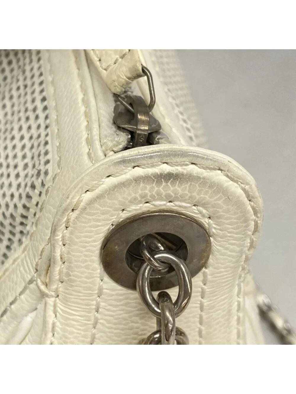 Chanel Shoulder Bag Perforated Leather Ivory Silver